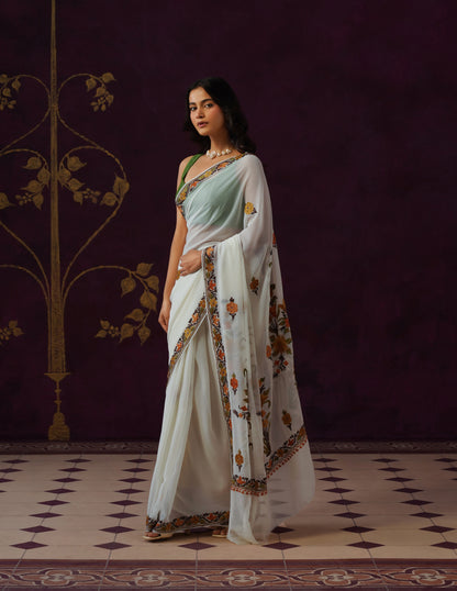 Kashmiri Aari Embroidered Georgette Saree – Off-White