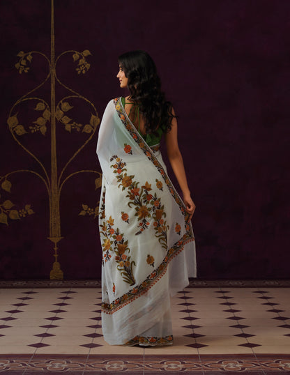 Kashmiri Aari Embroidered Georgette Saree – Off-White