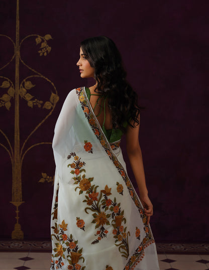 Kashmiri Aari Embroidered Georgette Saree – Off-White