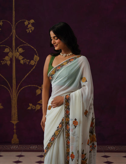 Kashmiri Aari Embroidered Georgette Saree – Off-White