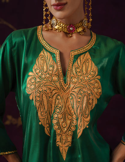 Kashmiri Tilla Embroidered Silk Co-ord Set – Bottle Green