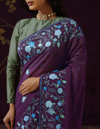 Kashmiri Aari Embroidered Georgette Saree – Wine