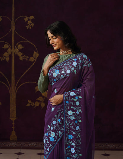 Kashmiri Aari Embroidered Georgette Saree – Wine