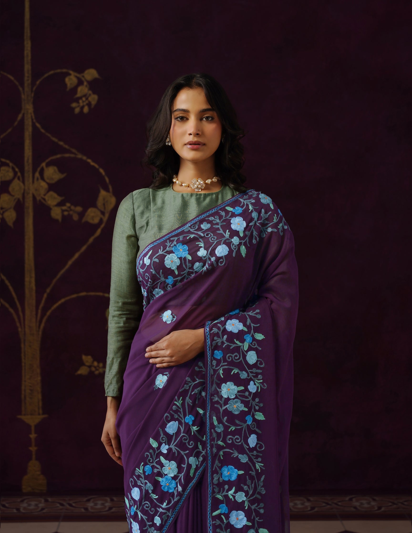 Kashmiri Aari Embroidered Georgette Saree – Wine