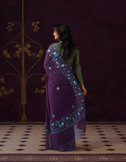 Kashmiri Aari Embroidered Georgette Saree – Wine