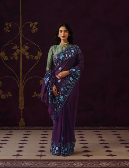 Kashmiri Aari Embroidered Georgette Saree – Wine