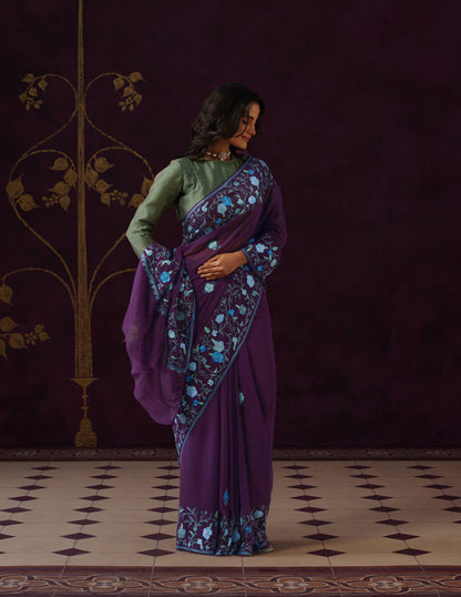 Kashmiri Aari Embroidered Georgette Saree – Wine