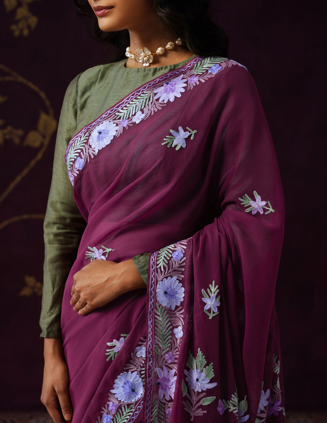 Kashmiri Aari Embroidered Georgette Saree – Burnt Burgundy