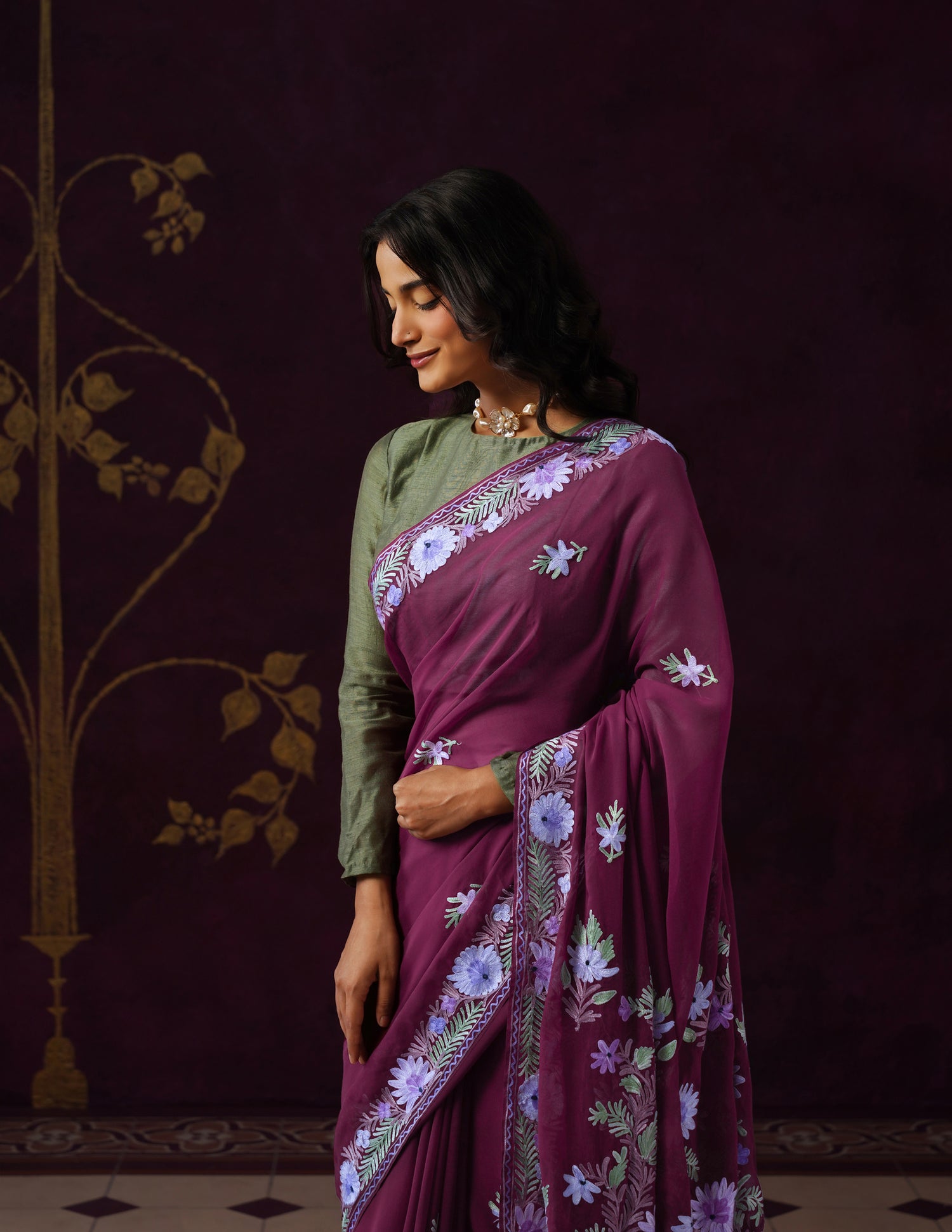 Kashmiri Aari Embroidered Georgette Saree – Burnt Burgundy