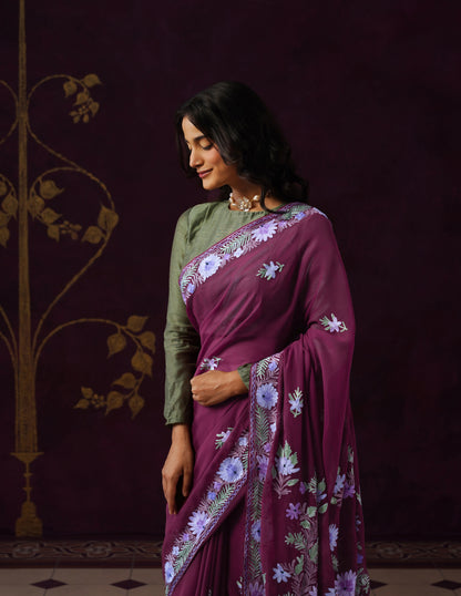 Kashmiri Aari Embroidered Georgette Saree – Burnt Burgundy
