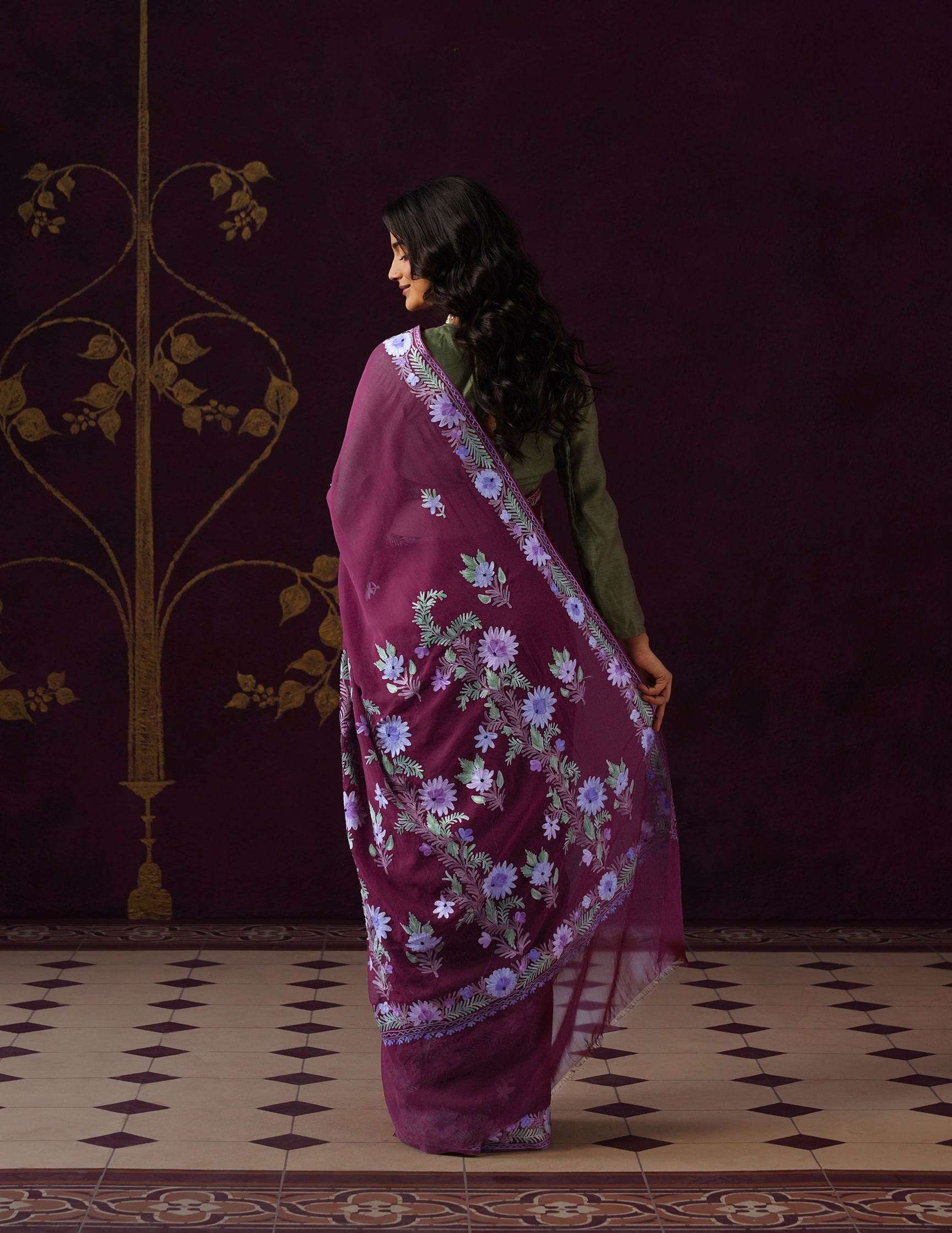 Kashmiri Aari Embroidered Georgette Saree – Burnt Burgundy