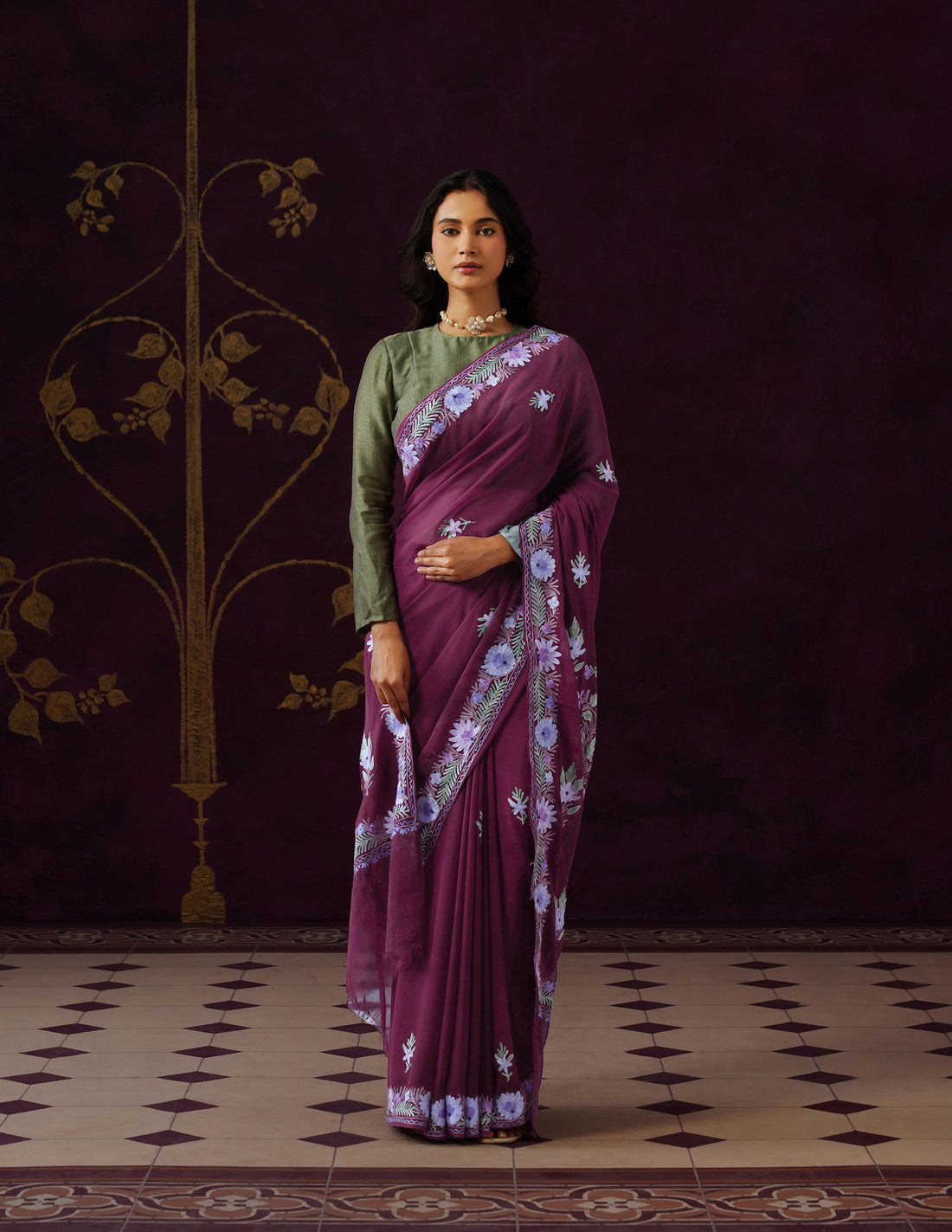 Kashmiri Aari Embroidered Georgette Saree – Burnt Burgundy