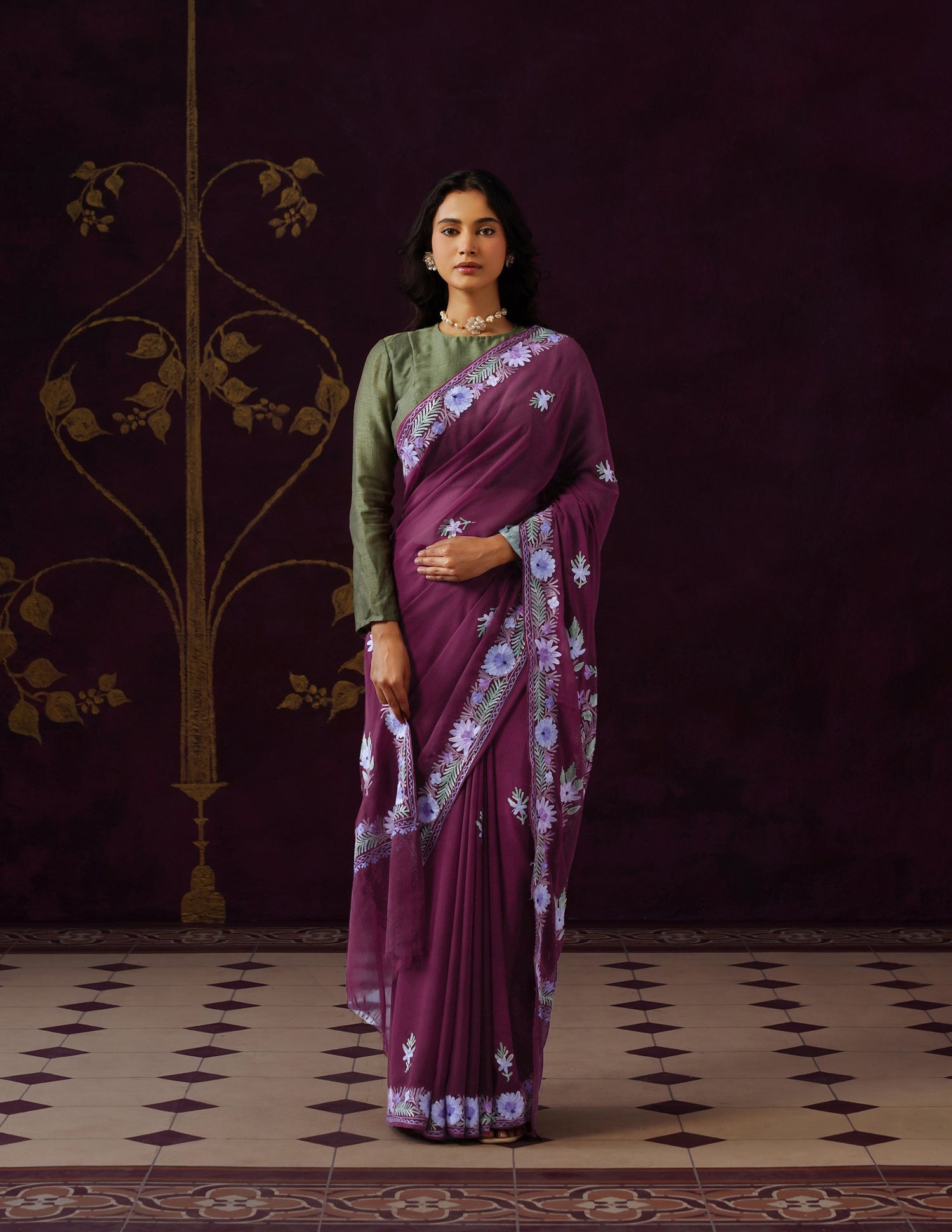 Kashmiri Aari Embroidered Georgette Saree – Burnt Burgundy