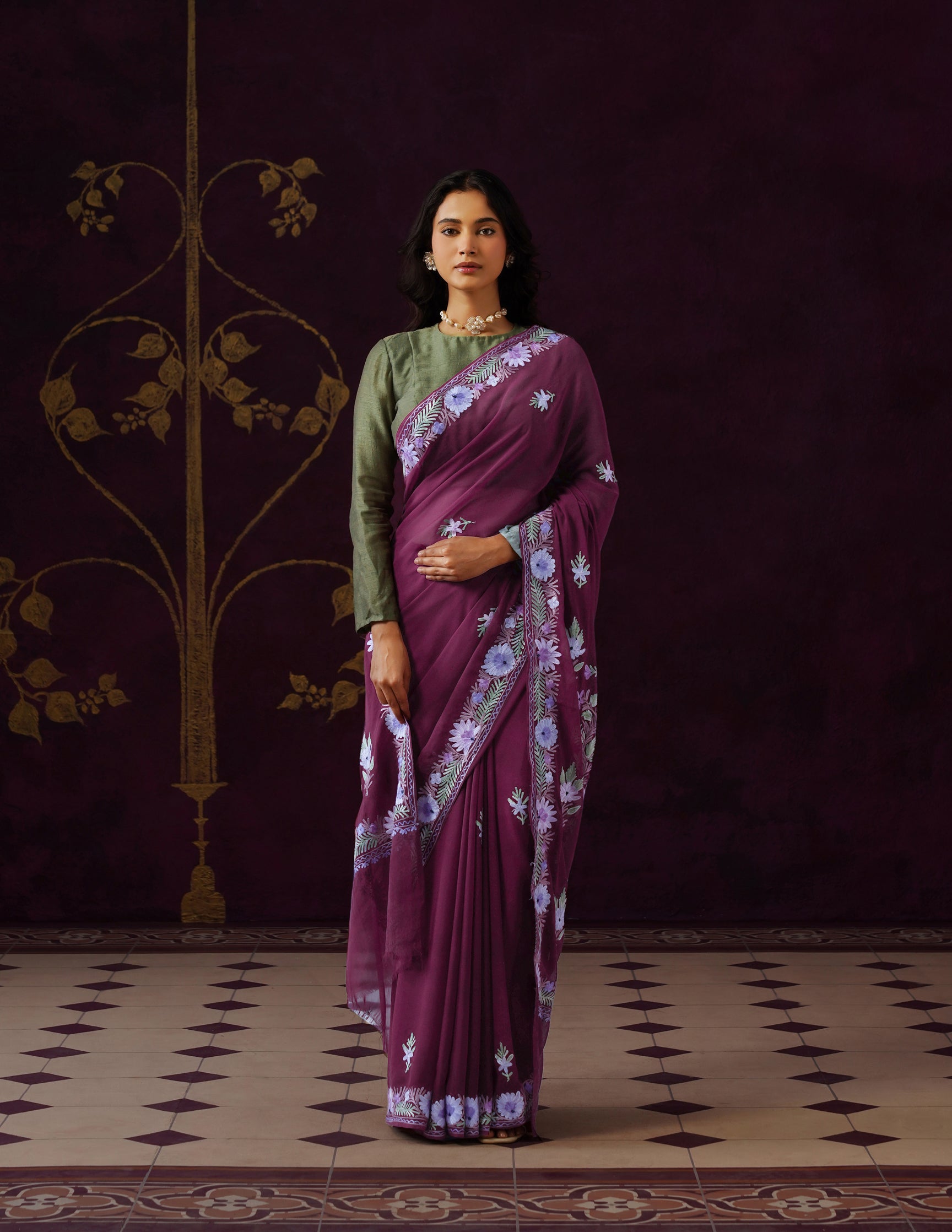Kashmiri Aari Embroidered Georgette Saree – Burnt Burgundy