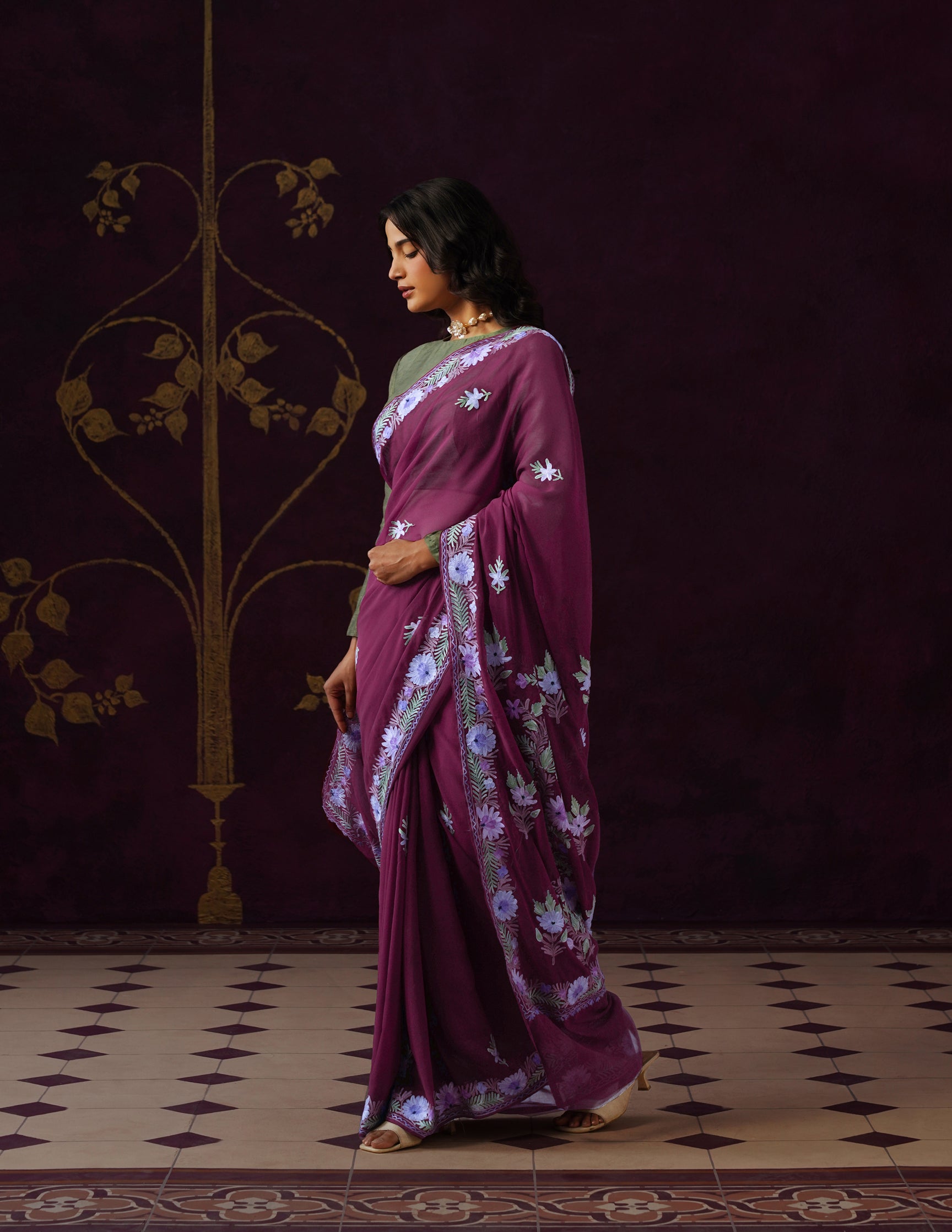 Kashmiri Aari Embroidered Georgette Saree – Burnt Burgundy