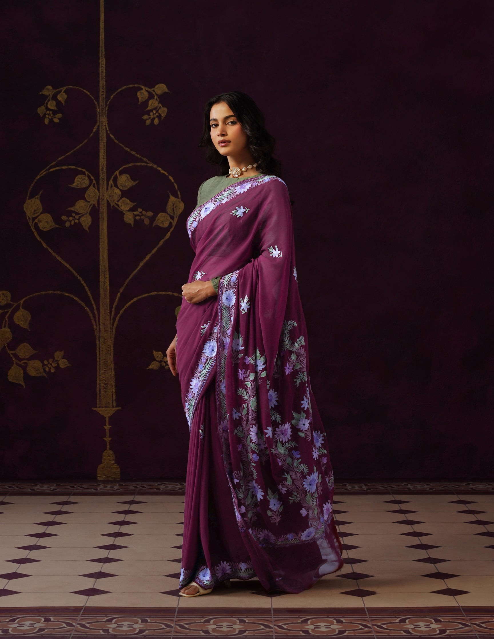 Kashmiri Aari Embroidered Georgette Saree – Burnt Burgundy