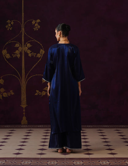 Kashmiri Tilla &amp; Thread Embroidered Silk Co-ord Set – Midnight Blue