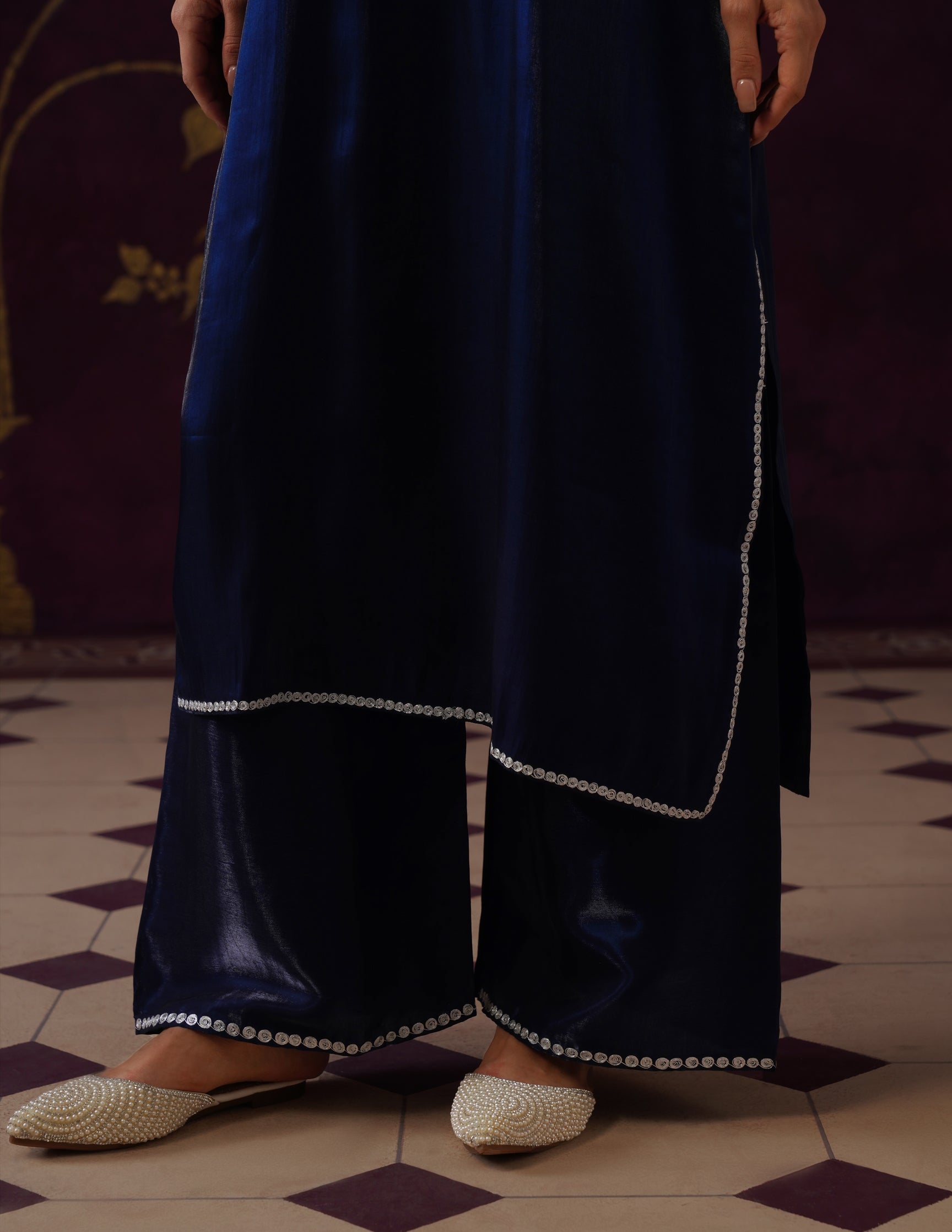 Kashmiri Tilla &amp; Thread Embroidered Silk Co-ord Set – Midnight Blue