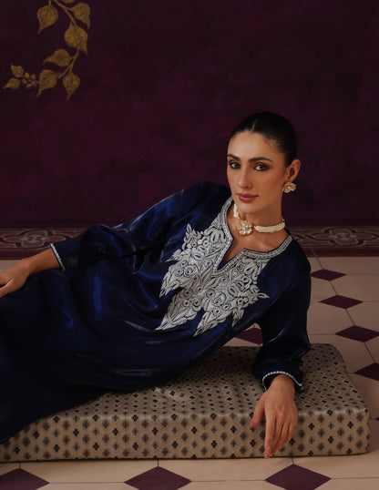 Kashmiri Tilla &amp; Thread Embroidered Silk Co-ord Set – Midnight Blue