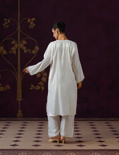 Kashmiri Tilla &amp; Thread Embroidered Silk Phiran Set – Off-White