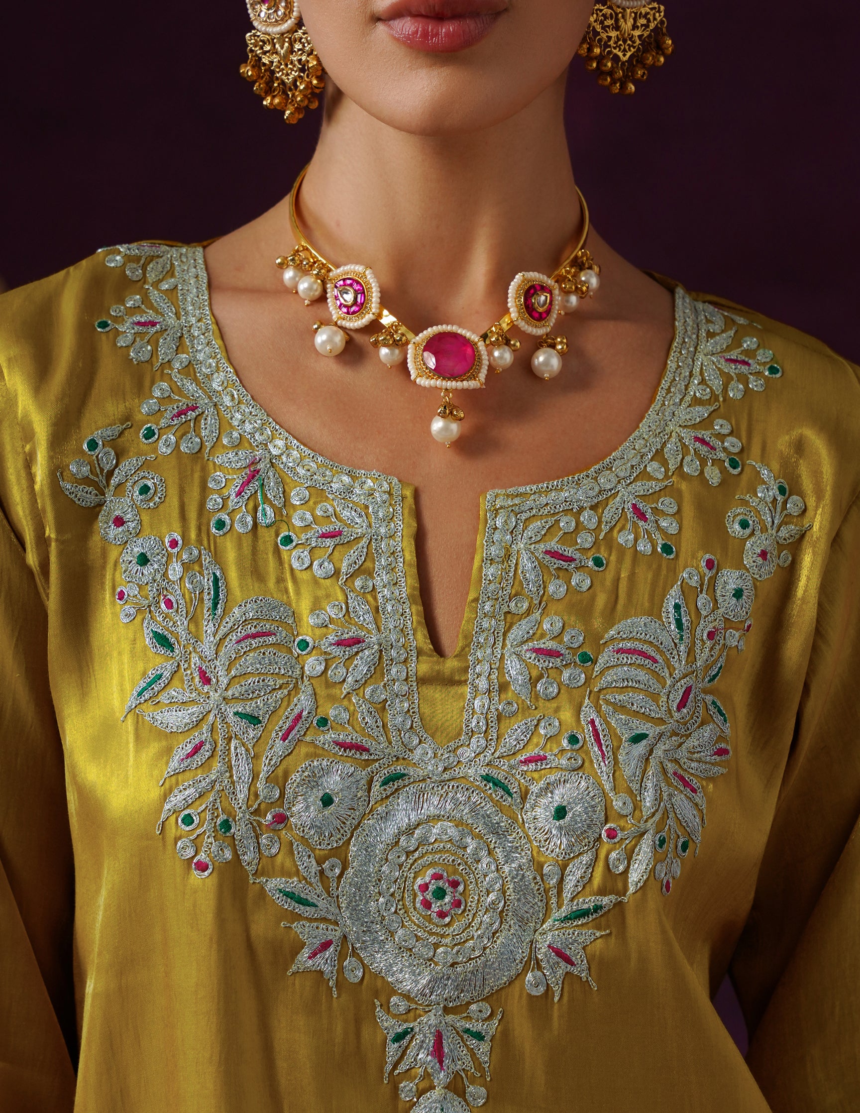 Kashmiri Tilla &amp; Thread Embroidered Silk Co-ord Set – Mustard Yellow