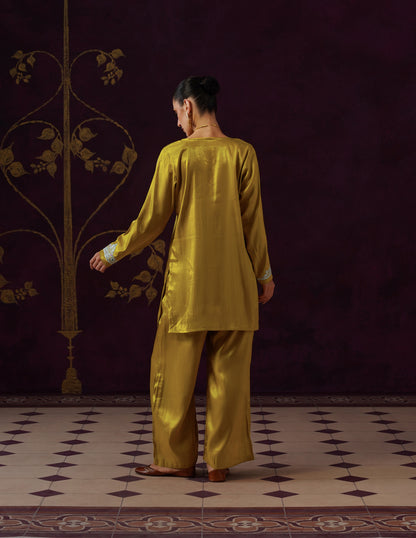Kashmiri Tilla &amp; Thread Embroidered Silk Co-ord Set – Mustard Yellow