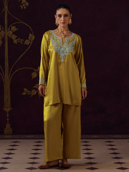 Kashmiri Tilla &amp; Thread Embroidered Silk Co-ord Set – Mustard Yellow