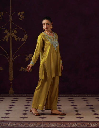 Kashmiri Tilla &amp; Thread Embroidered Silk Co-ord Set – Mustard Yellow