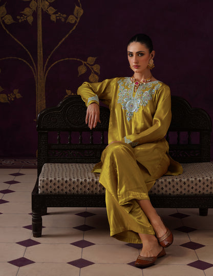 Kashmiri Tilla &amp; Thread Embroidered Silk Co-ord Set – Mustard Yellow