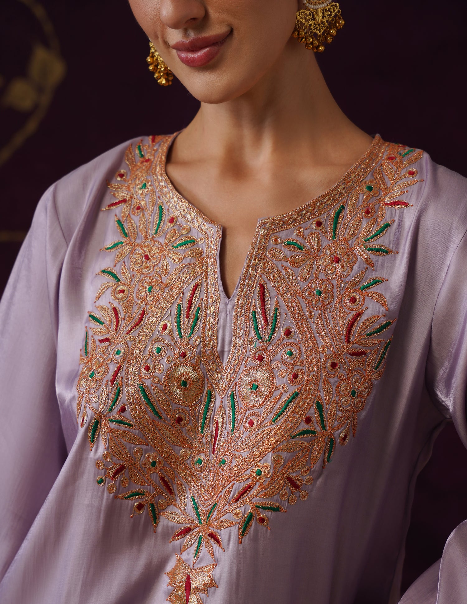 Kashmiri Tilla &amp; Thread Embroidered Silk Co-ord Set – Dusty Lavender