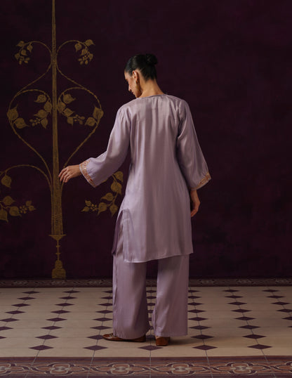 Kashmiri Tilla &amp; Thread Embroidered Silk Co-ord Set – Dusty Lavender