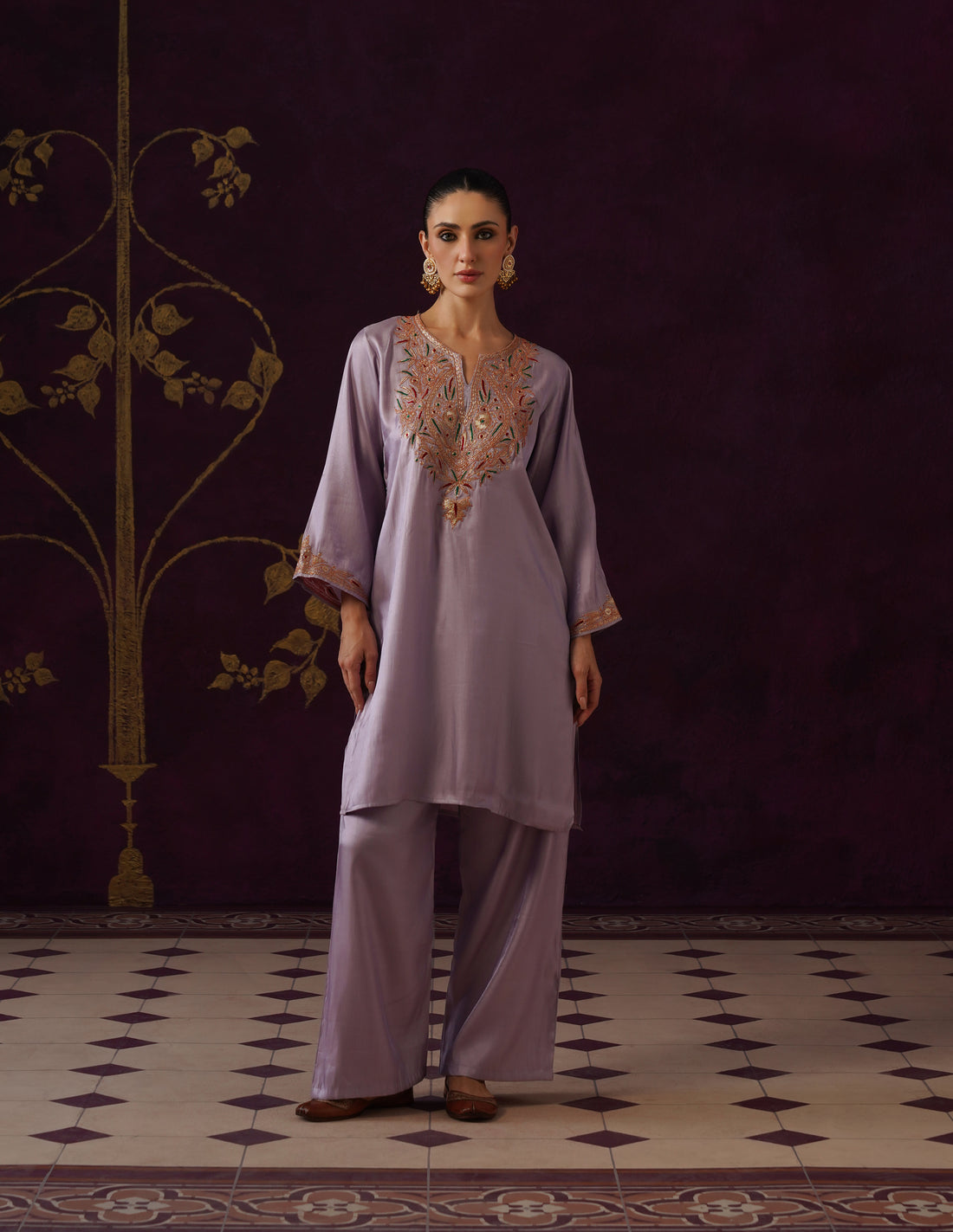 Kashmiri Tilla &amp; Thread Embroidered Silk Co-ord Set – Dusty Lavender