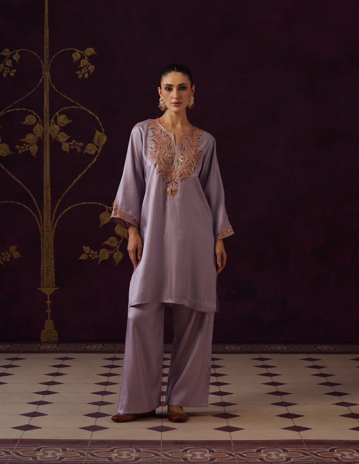 Kashmiri Tilla &amp; Thread Embroidered Silk Co-ord Set – Dusty Lavender