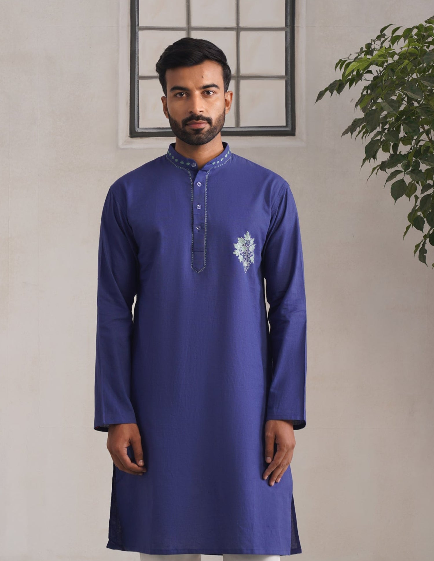 Kashmiri Sozni Chinar Motif Embroidered Linen Cotton Long Kurta – Blue | Handcrafted Heritage - Kashmir Box