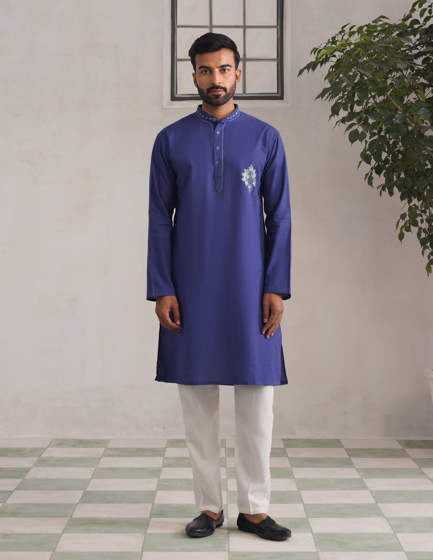 Kashmiri Sozni Chinar Motif Embroidered Linen Cotton Long Kurta – Blue | Handcrafted Heritage - Kashmir Box