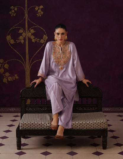 Kashmiri Tilla &amp; Thread Embroidered Silk Co-ord Set – Dusty Lavender