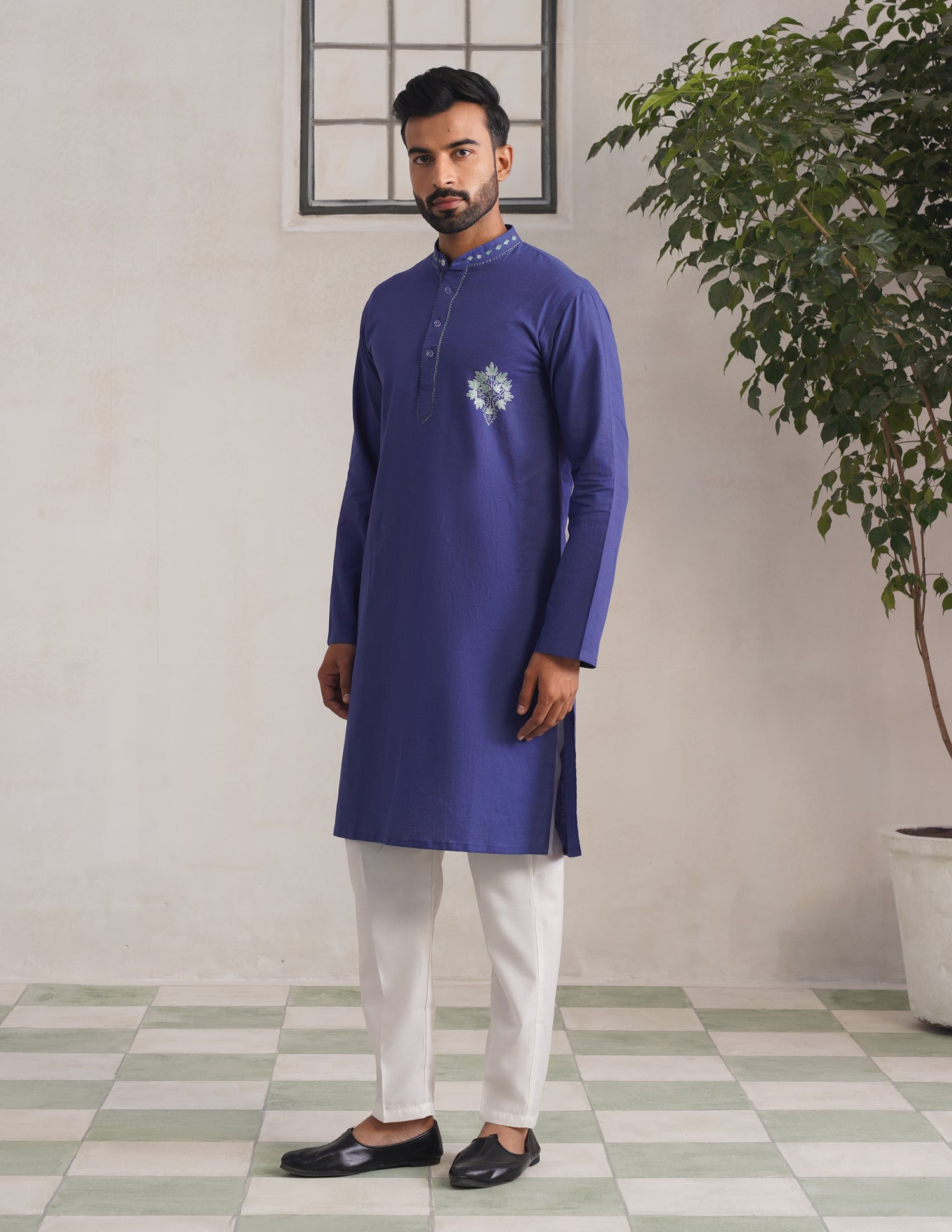 Kashmiri Sozni Chinar Motif Embroidered Linen Cotton Long Kurta – Blue | Handcrafted Heritage - Kashmir Box
