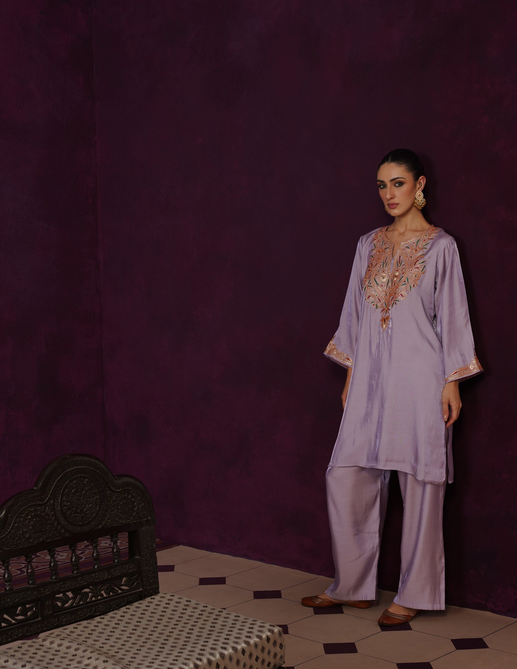 Kashmiri Tilla &amp; Thread Embroidered Silk Co-ord Set – Dusty Lavender