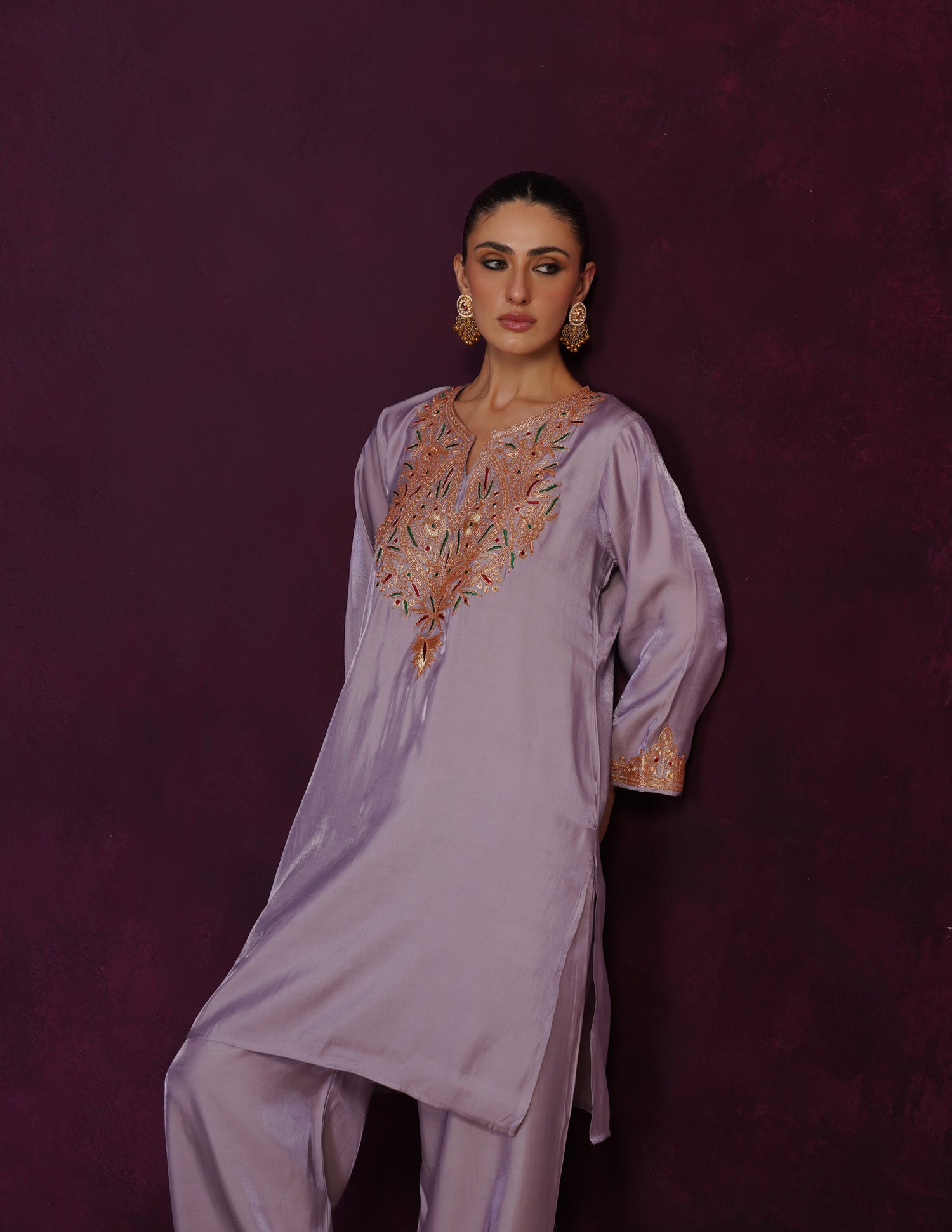 Kashmiri Tilla &amp; Thread Embroidered Silk Co-ord Set – Dusty Lavender
