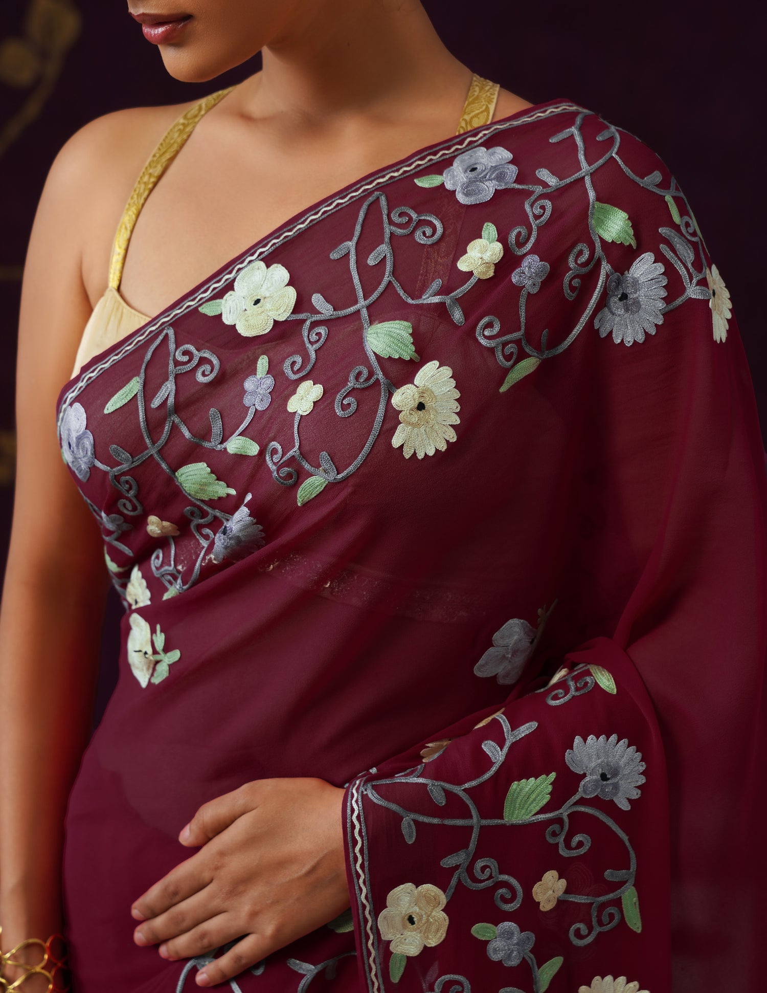 Kashmiri Aari Embroidered Georgette Saree – Crimson Red
