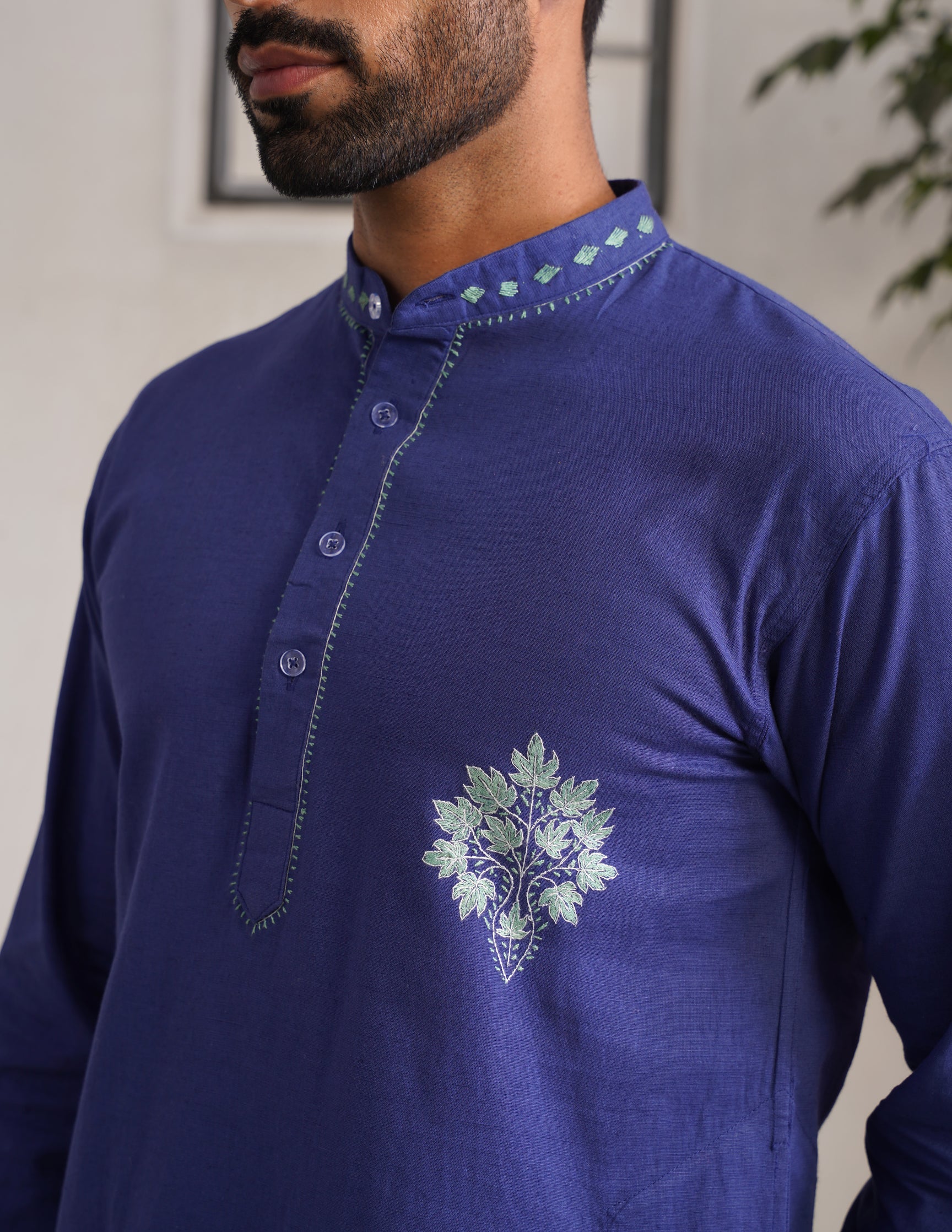 Kashmiri Sozni Chinar Motif Embroidered Linen Cotton Long Kurta – Blue | Handcrafted Heritage - Kashmir Box