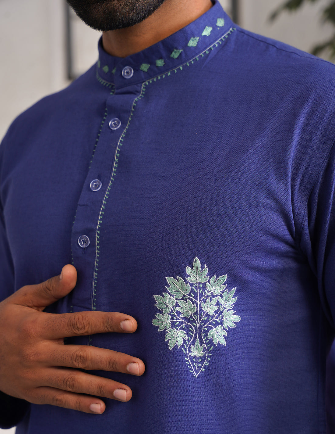 Kashmiri Sozni Chinar Motif Embroidered Linen Cotton Long Kurta – Blue | Handcrafted Heritage - Kashmir Box