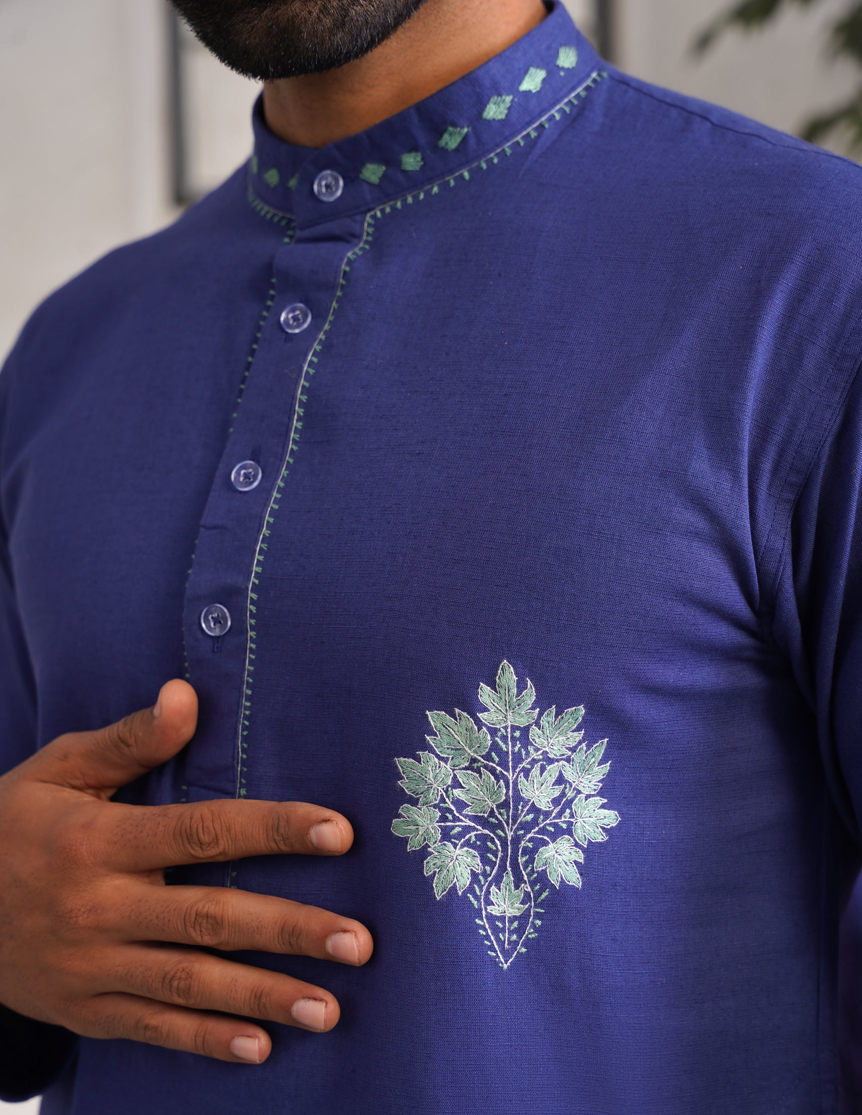Kashmiri Sozni Chinar Motif Embroidered Linen Cotton Long Kurta – Blue | Handcrafted Heritage - Kashmir Box