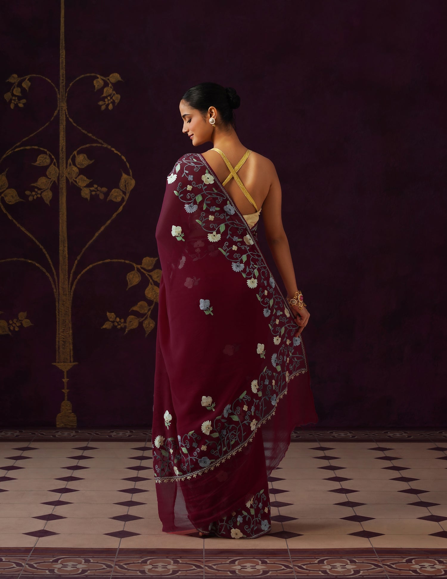 Kashmiri Aari Embroidered Georgette Saree – Crimson Red