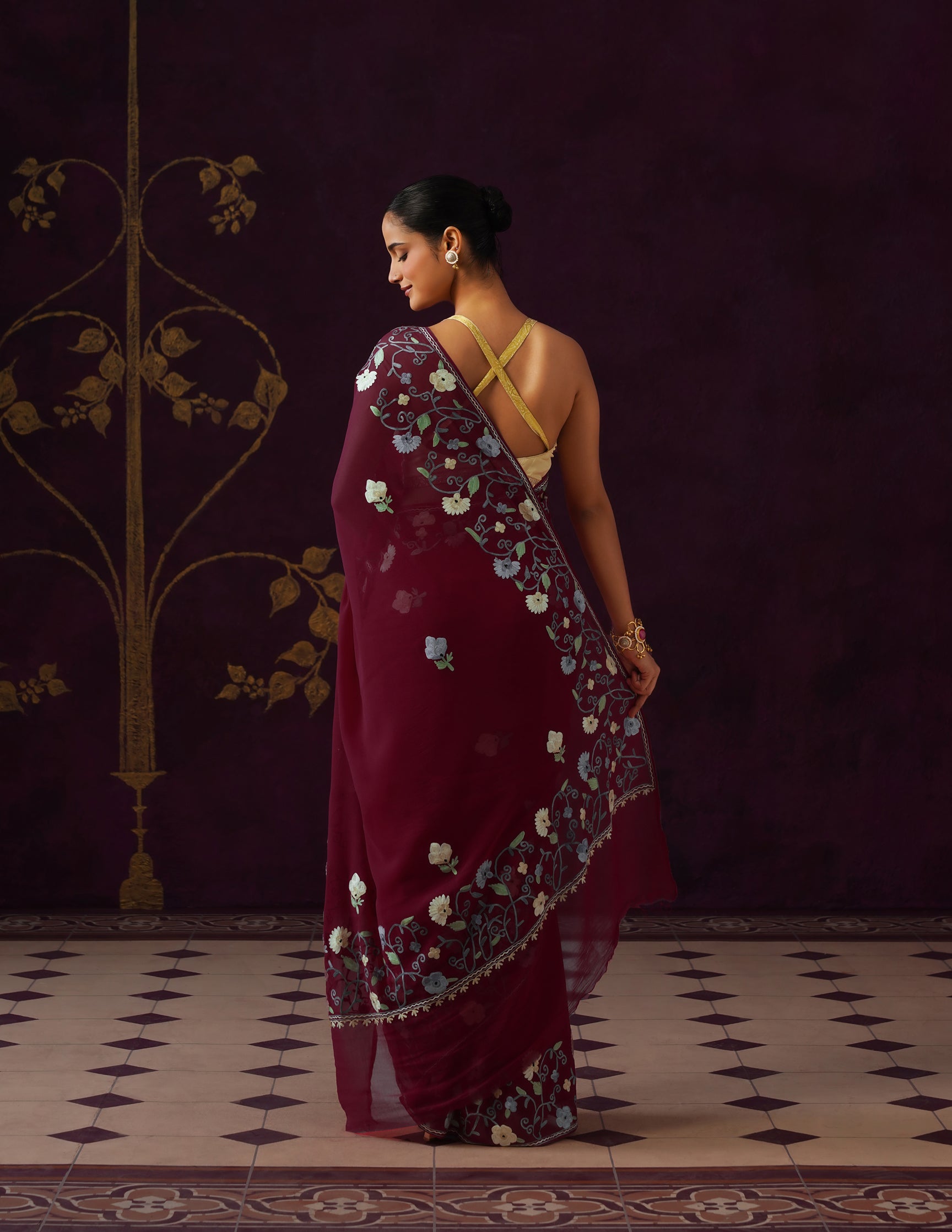 Kashmiri Aari Embroidered Georgette Saree – Crimson Red
