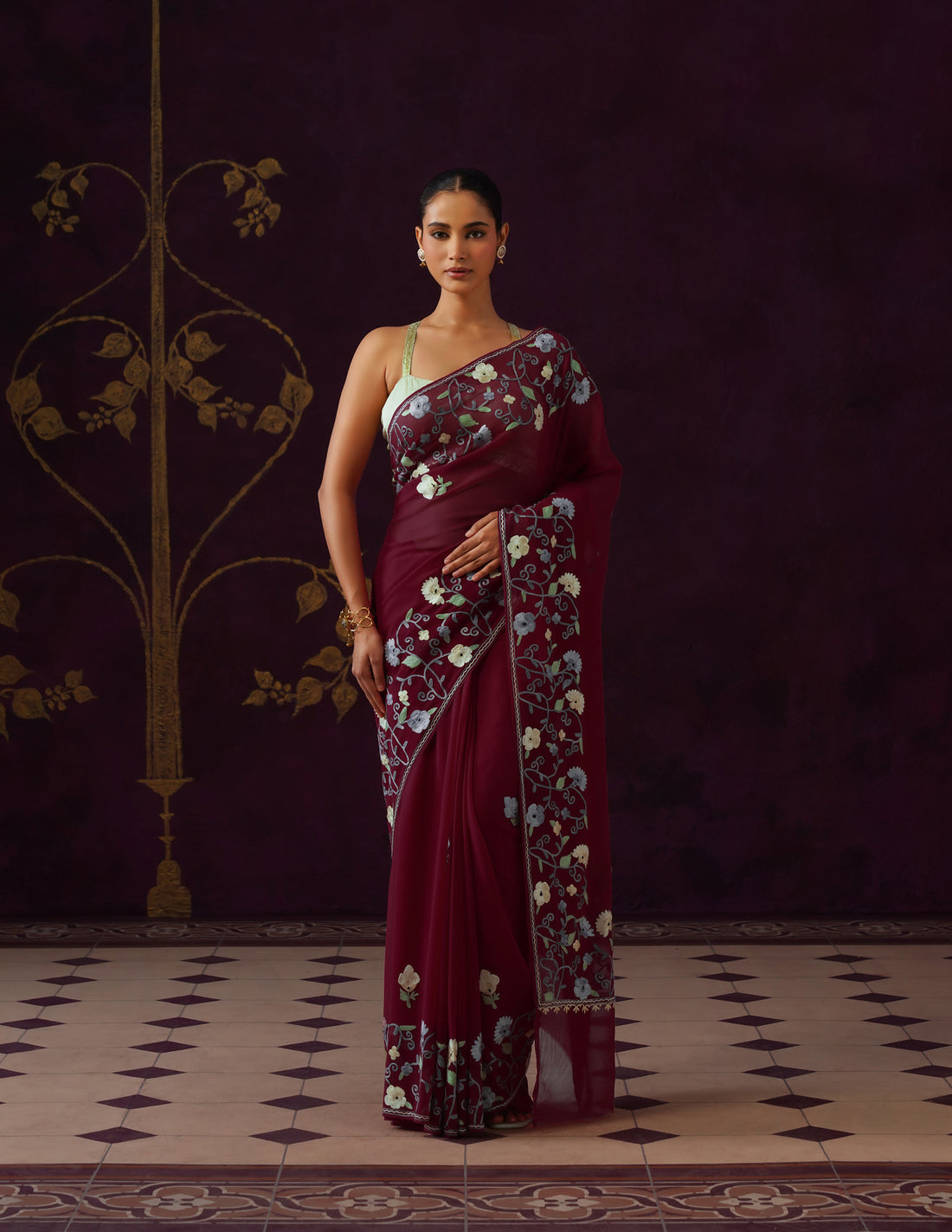 Kashmiri Aari Embroidered Georgette Saree – Crimson Red