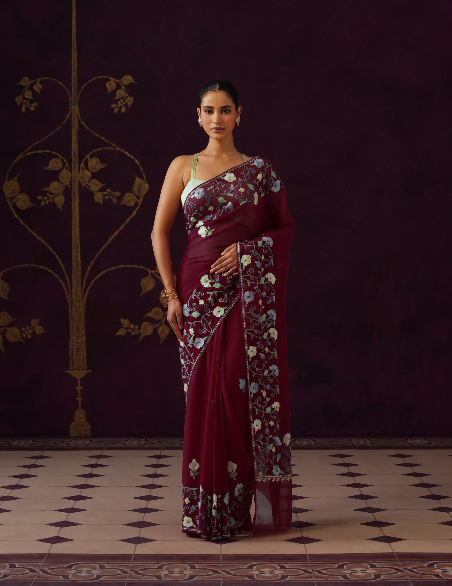 Kashmiri Aari Embroidered Georgette Saree – Crimson Red
