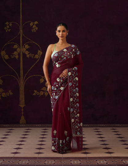 Kashmiri Aari Embroidered Georgette Saree – Crimson Red