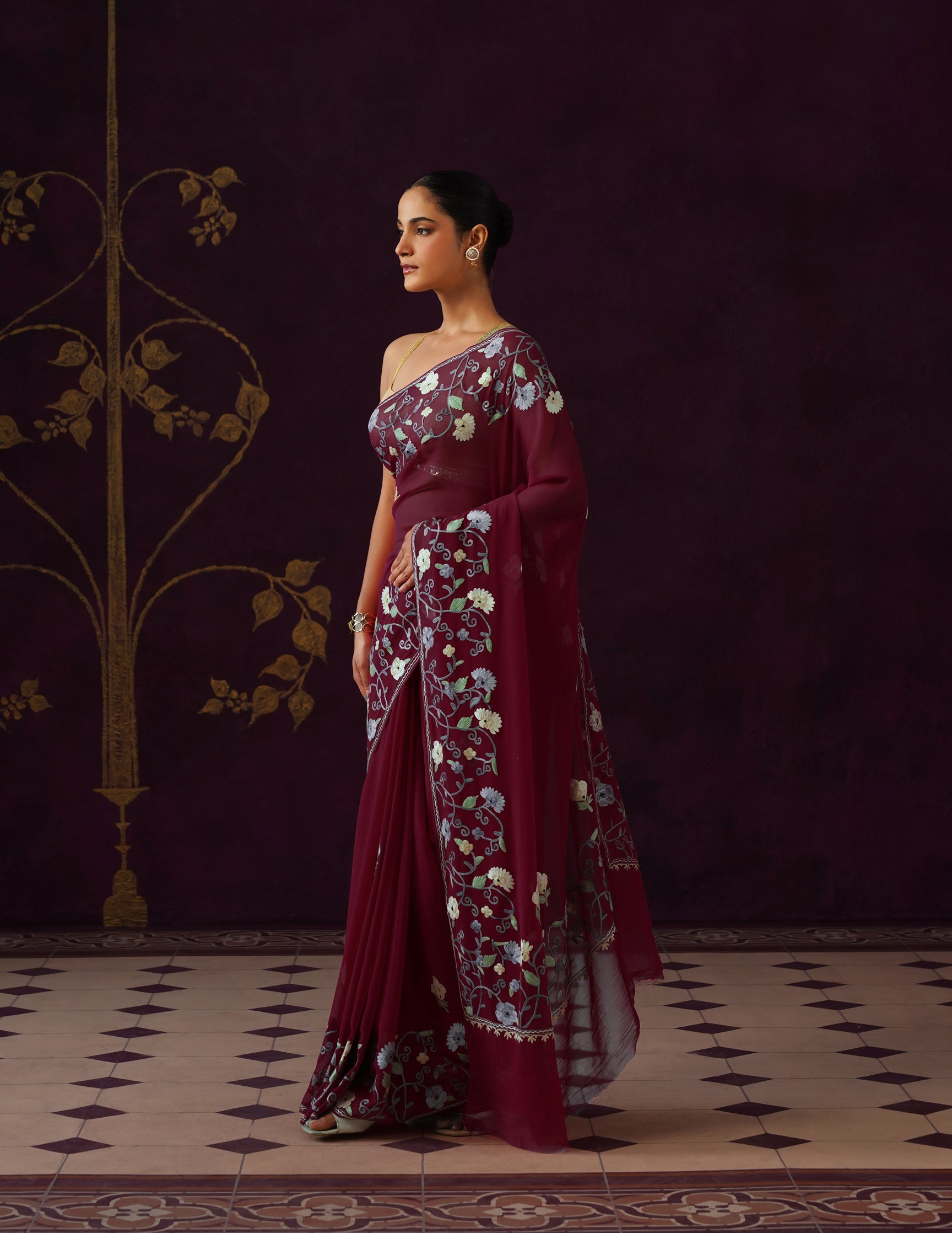 Kashmiri Aari Embroidered Georgette Saree – Crimson Red