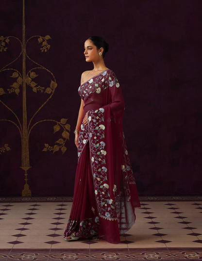 Kashmiri Aari Embroidered Georgette Saree – Crimson Red